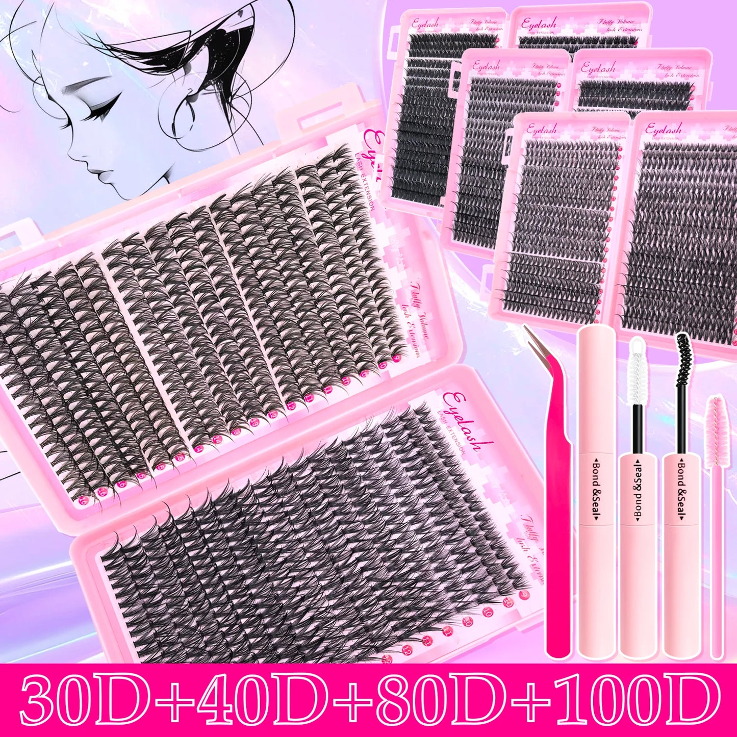 Fluffy Cluster Lash Extension Kit – DIY Lashes with Bond & Seal