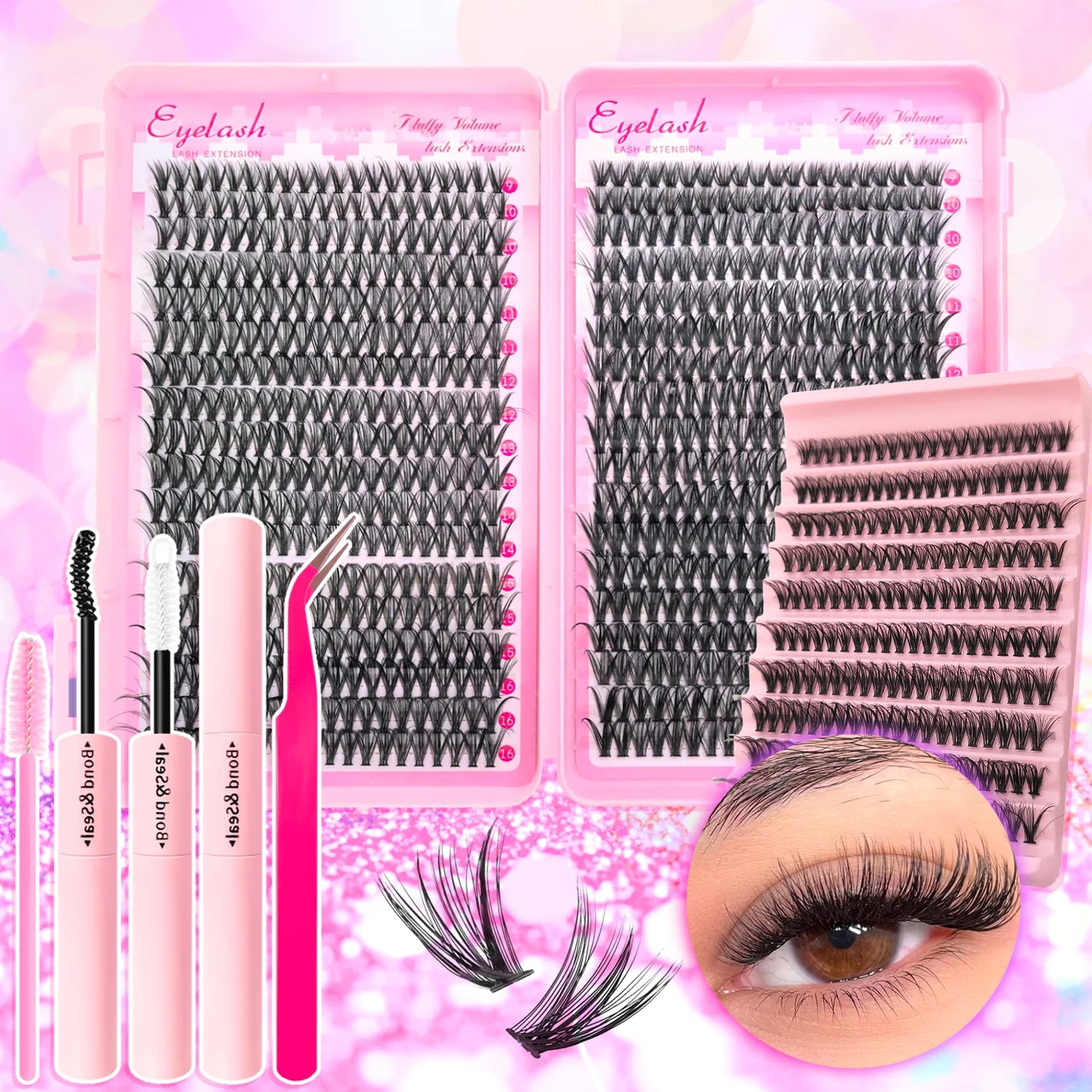 Fluffy Cluster Lash Extension Kit – DIY Lashes with Bond & Seal
